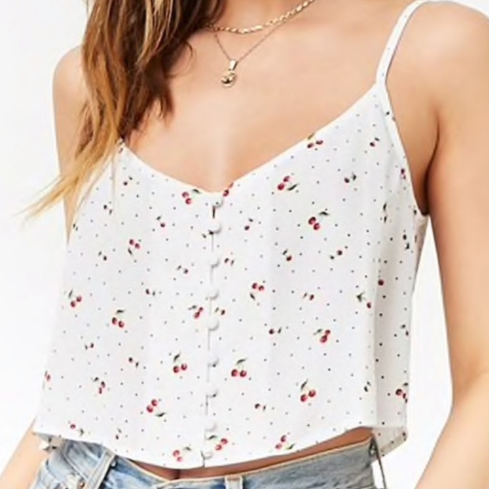 Forever 21 White Cherry Print Crop Top